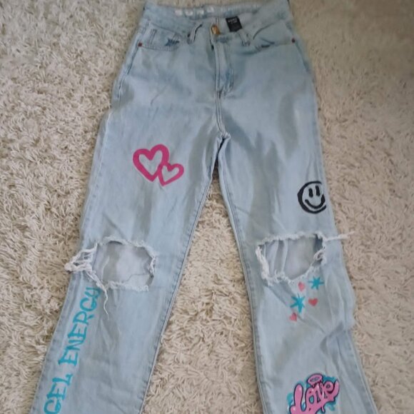 S.O.N.G. Women’s 7/28 90s Boyfriend Jeans Distressed “Angel Energy” Y2K - Picture 1 of 6